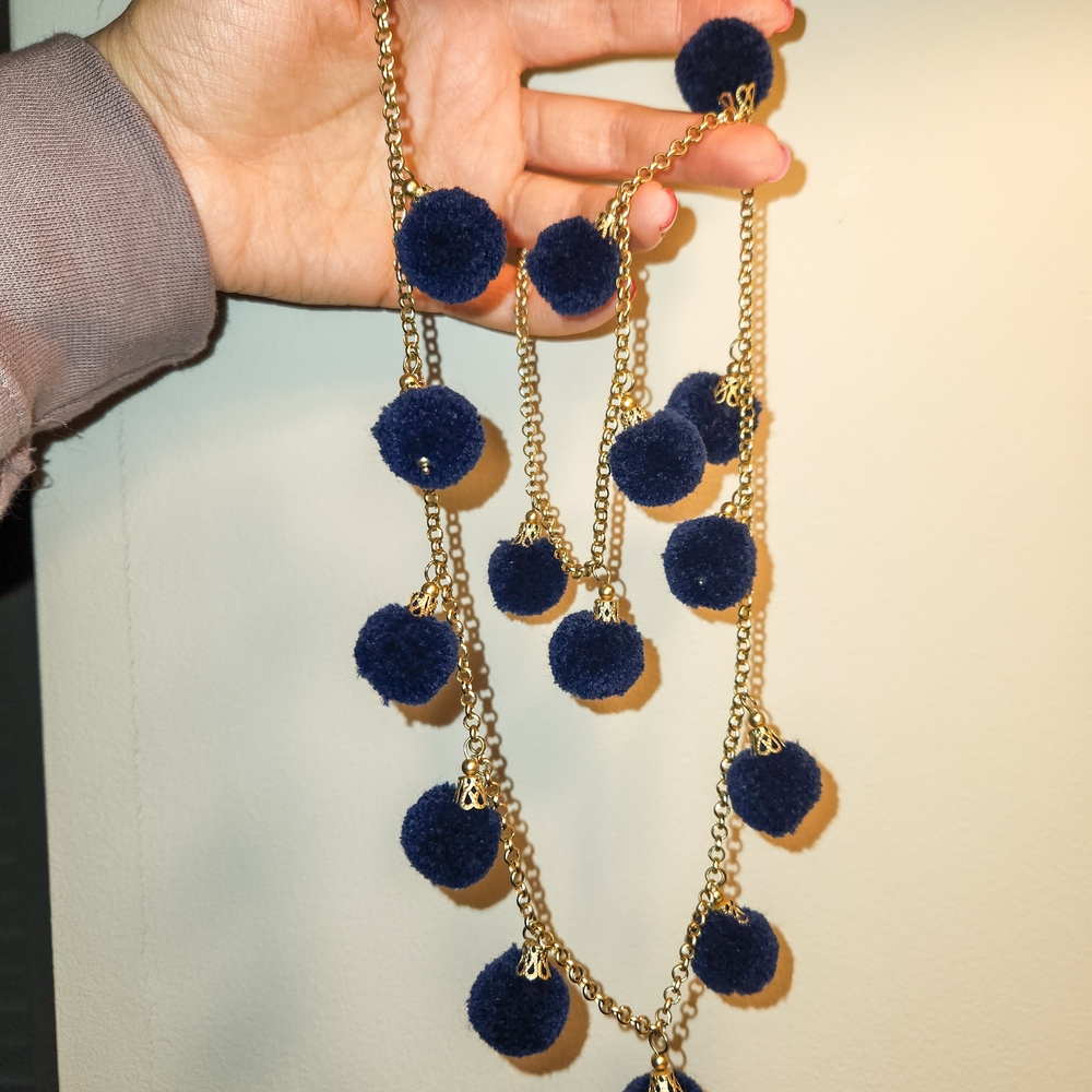 Elegant Gold and Blue Pom-Pom Necklace